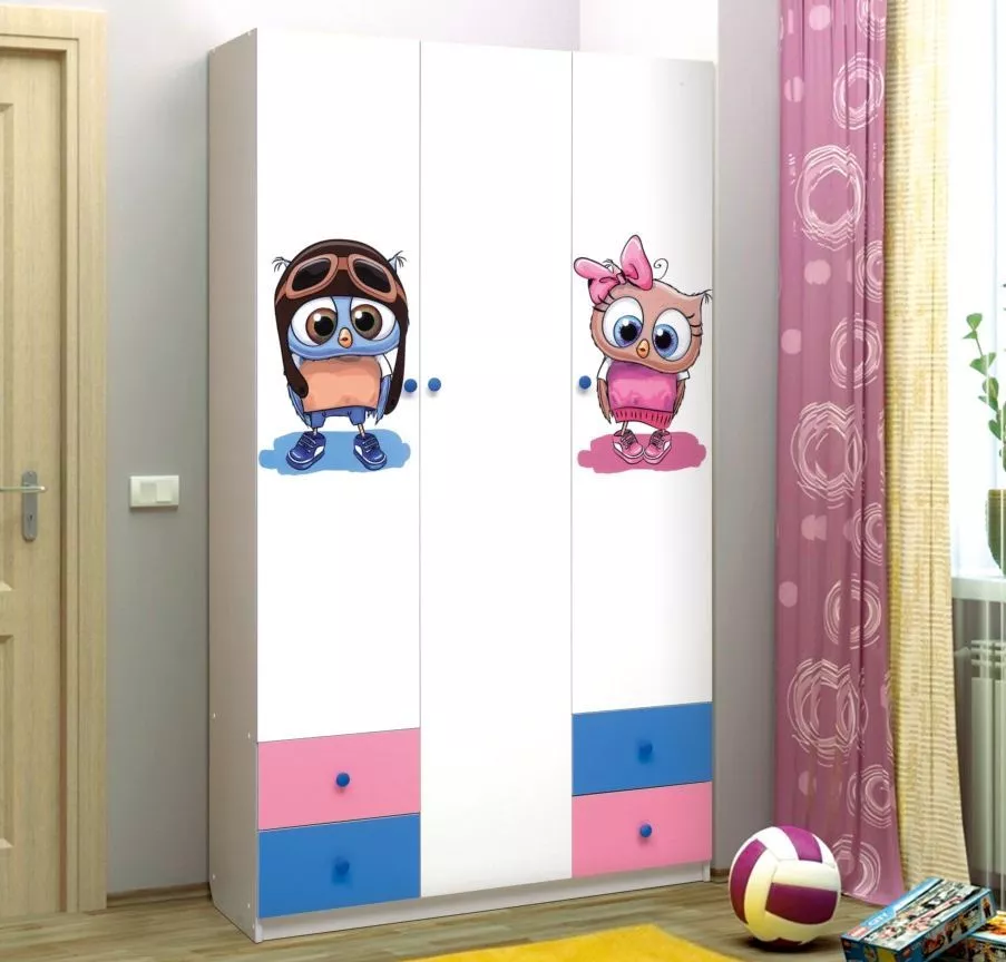 Шкаф 3-х дверный с ящиками и фотопечатью Совята 3.1 