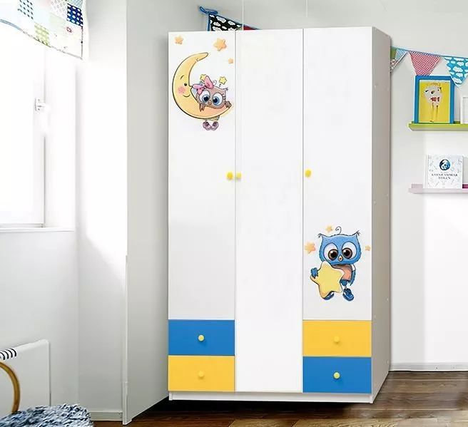 Шкаф 3-х дверный с ящиками и фотопечатью Совята 3.2 