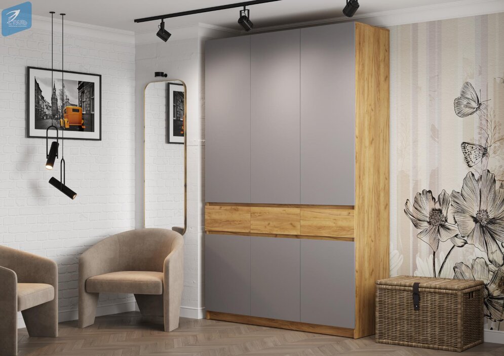 Шкаф трехстворчатый ШК-002 Бостон ЛДСП, дуб крафт/серый шифер  