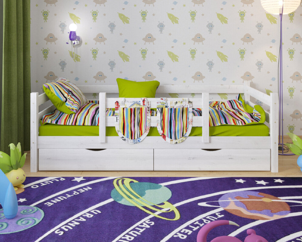 Детская кровать Сонечка с защитой сзади, по центру и выкатными ящиками 