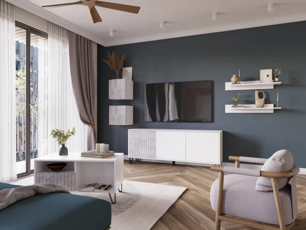 Тумба ТВ Ливерпуль, белый/бетон светлый 