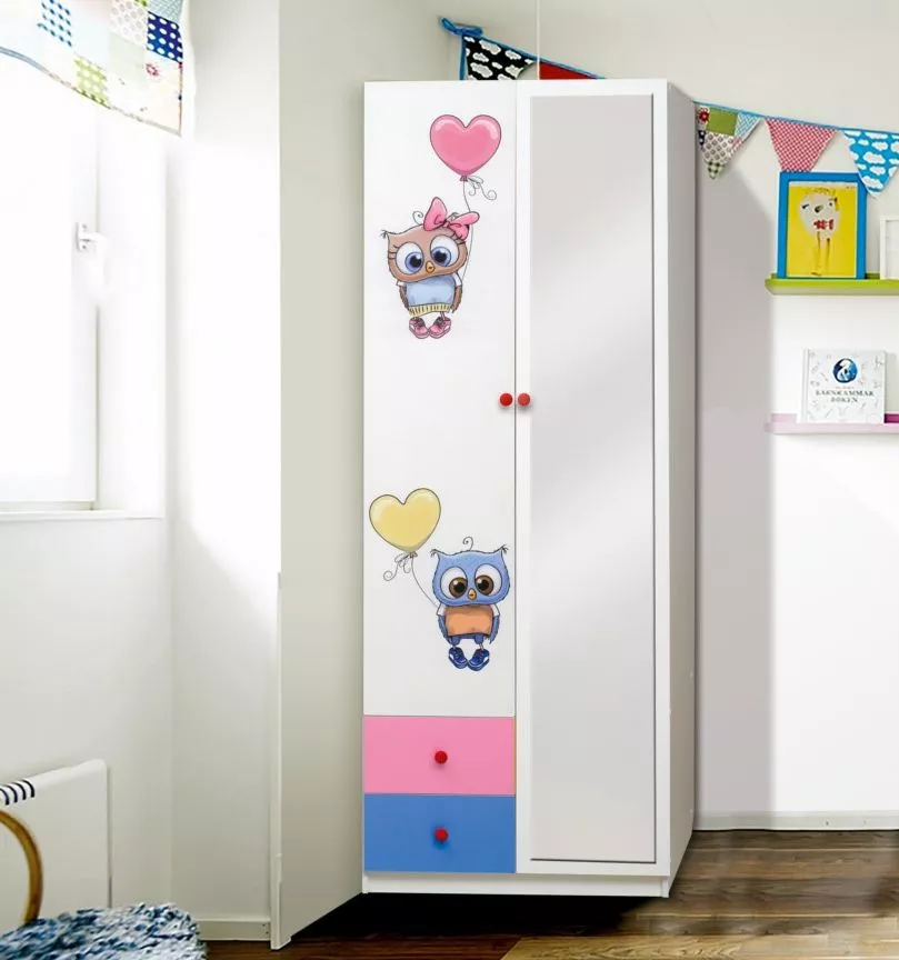 Шкаф 2-х дверный с ящиками, зеркалом комбинированный и фотопечатью Совята 2.2 