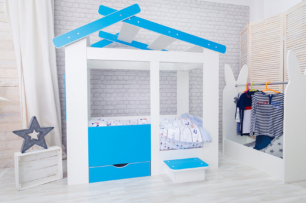 Кровать Теремок, белый-лазурь  