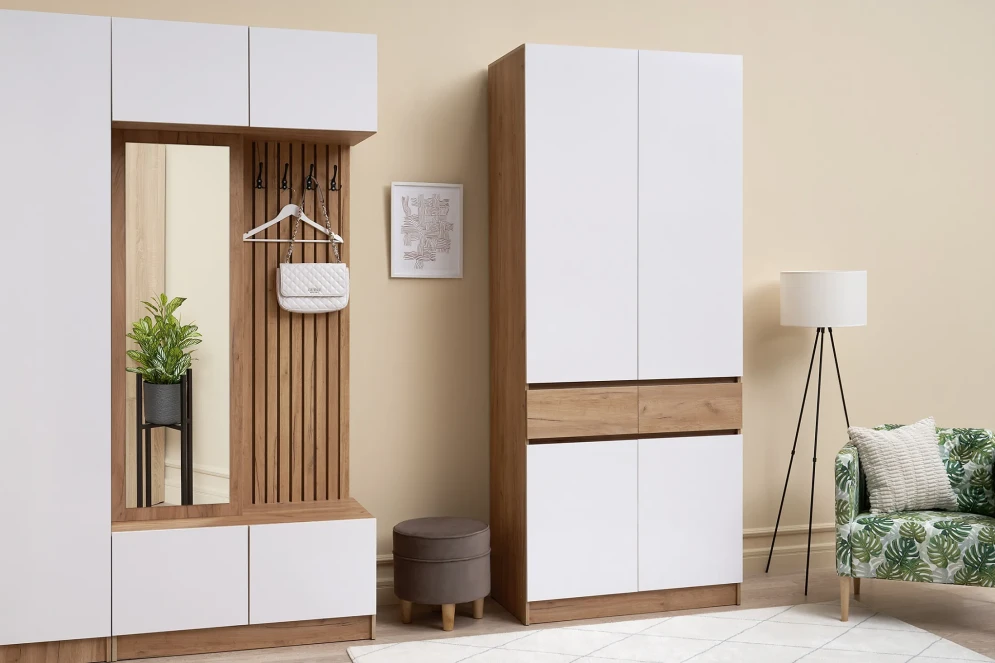 Шкаф двухдверный Роджина дуб крафт / белый глянец (прихожая)  