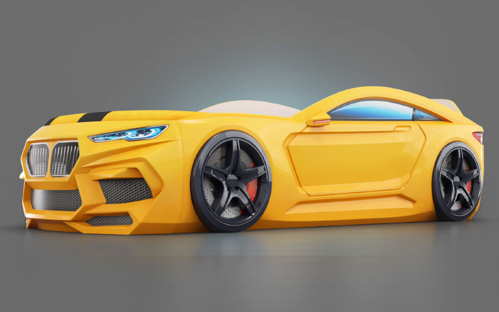 Кровать-машина Romeo с матрасом и подсветкой фар, желтая 