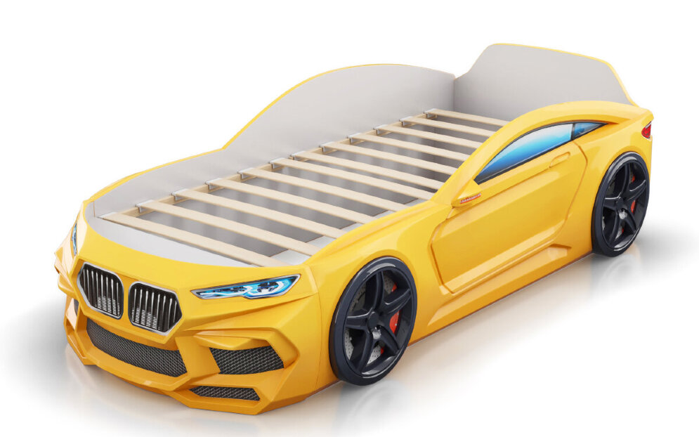 Кровать-машина Romeo с матрасом и подсветкой фар, желтая 