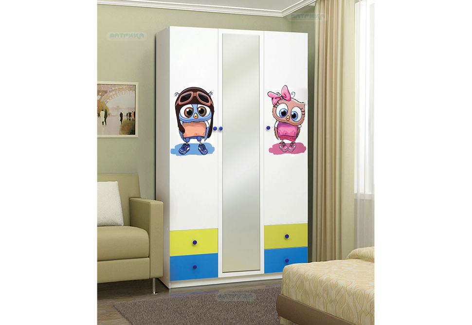 Шкаф 3-х дверный с ящиками, зеркалом и фотопечатью Совята 3.1 