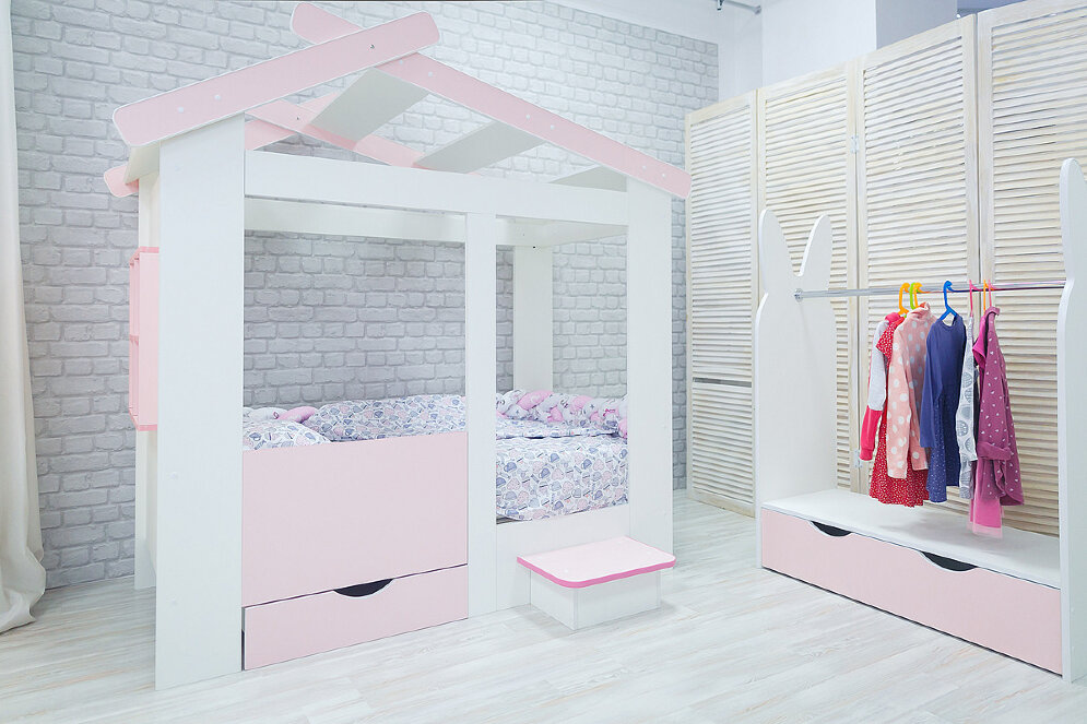 Кровать Теремок белый-розовый  