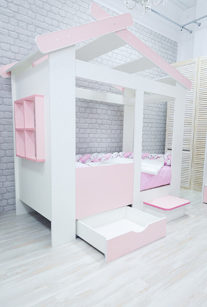 Кровать Теремок белый-розовый  