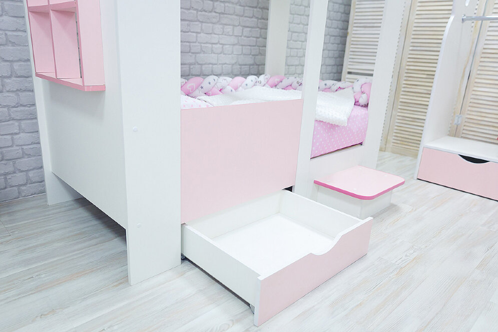 Кровать Теремок белый-розовый  
