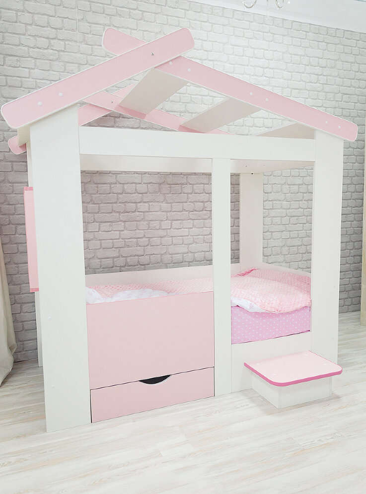 Кровать Теремок белый-розовый  