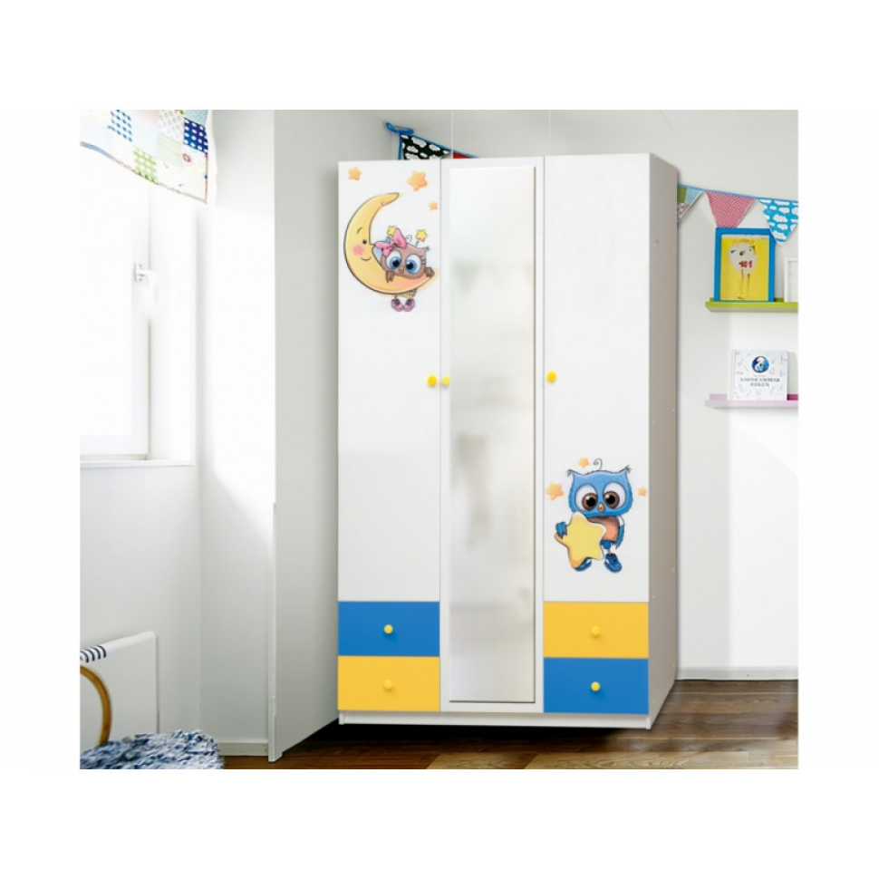 Шкаф 3-х дверный с ящиками, зеркалом и фотопечатью Совята 3.2 