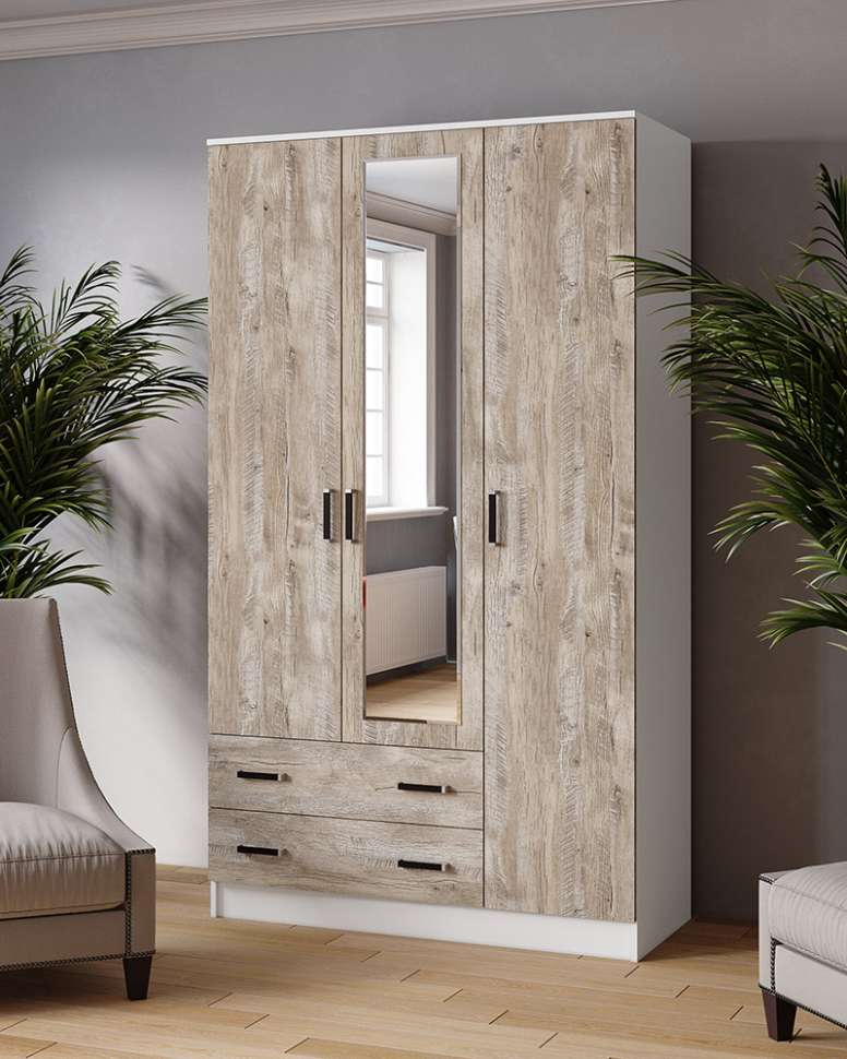 Шкаф 3-х дверный с зеркалом 1200 Лагуна, Белый/ Дуб Юкон 