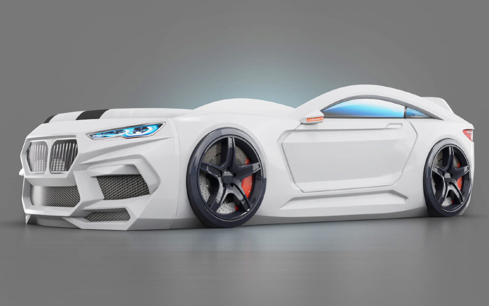 Кровать-машина Romeo с матрасом и подсветкой фар, белая 