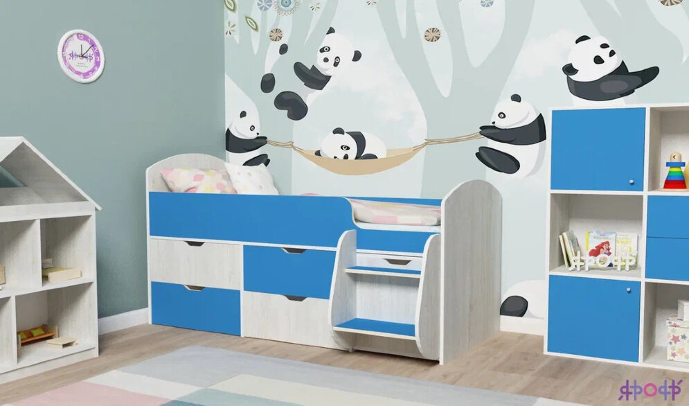 Детская кровать-чердак Малыш-7, белое дерево-розовый 