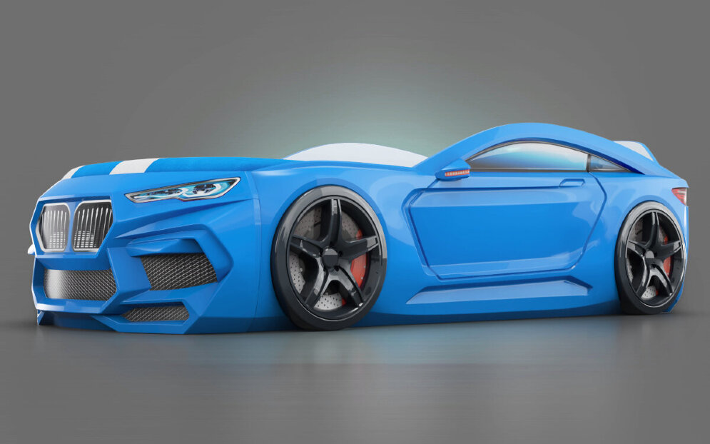 Кровать-машина Romeo с матрасом и подсветкой фар, голубая 