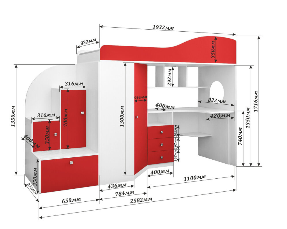 Кровать-чердак Кадет 1, Белое дерево/Ирис (Ярофф) 
