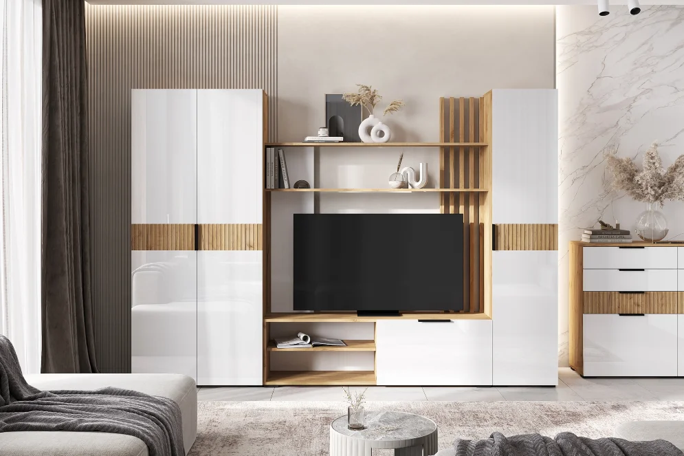 Модульная гостиная Роджина, дуб крафт/белый глянец 