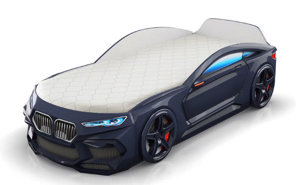 Кровать-машина Romeo с матрасом и подсветкой фар, черная 