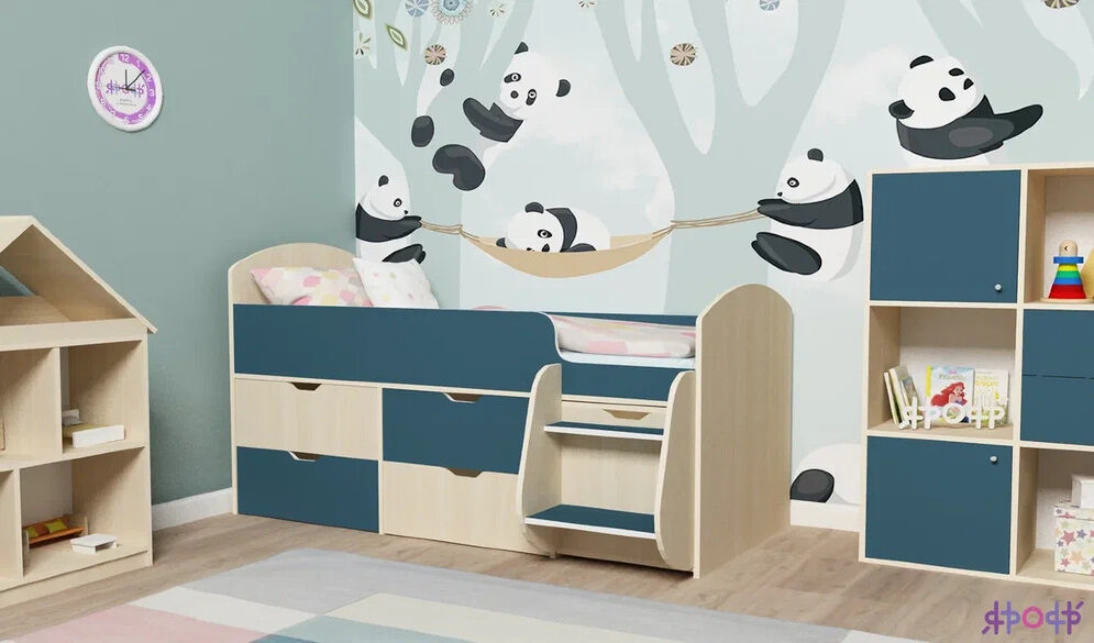 Детская кровать-чердак Малыш-7, дуб-ирис 