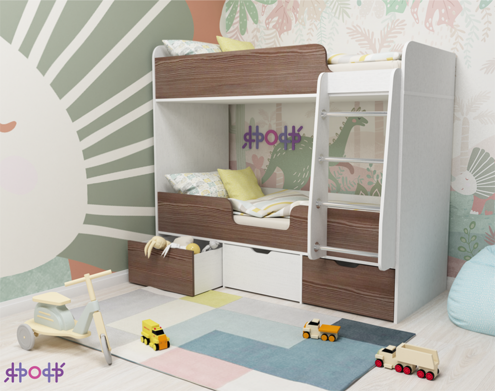 Кровать 2-х ярусная Малыш Двойняшка 80х180 см, белое дерево/анокр темный 