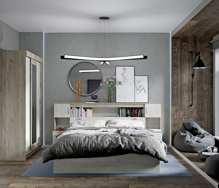 Кровать с прикроватным блоком Басса, крафт серый 