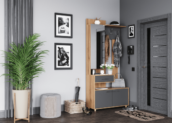 Вешалка с зеркалом Граф, Серый/Дуб золотистый