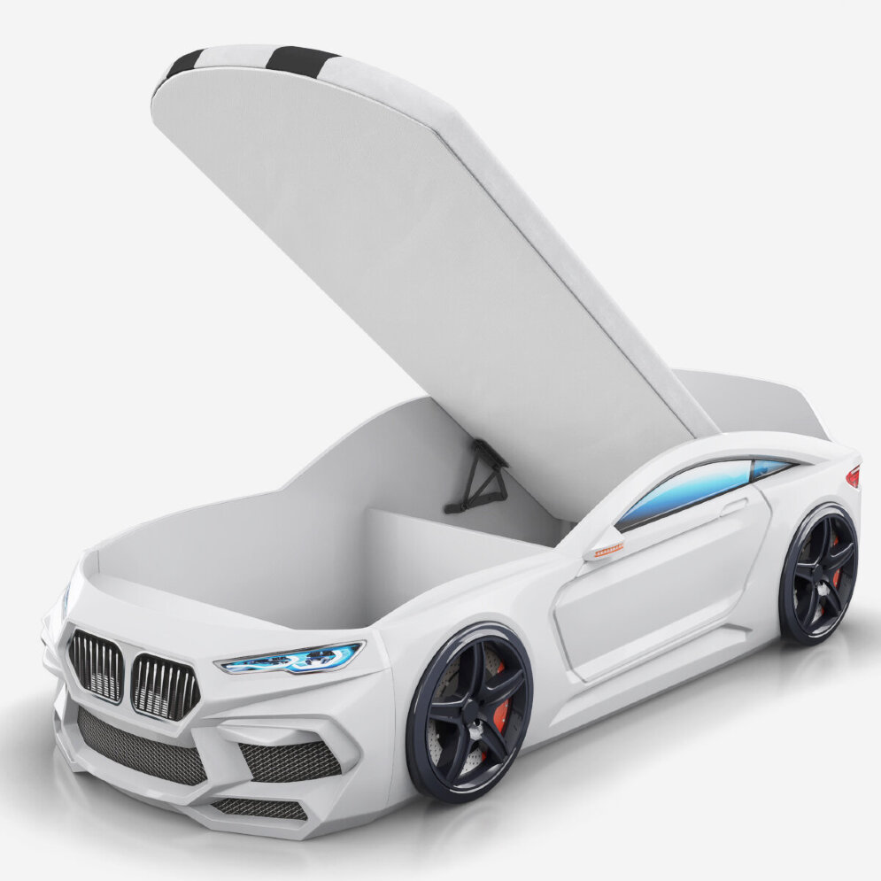 Кровать-машина Romeo-М с матрасом, ящиком для белья и подсветкой фар, белая 