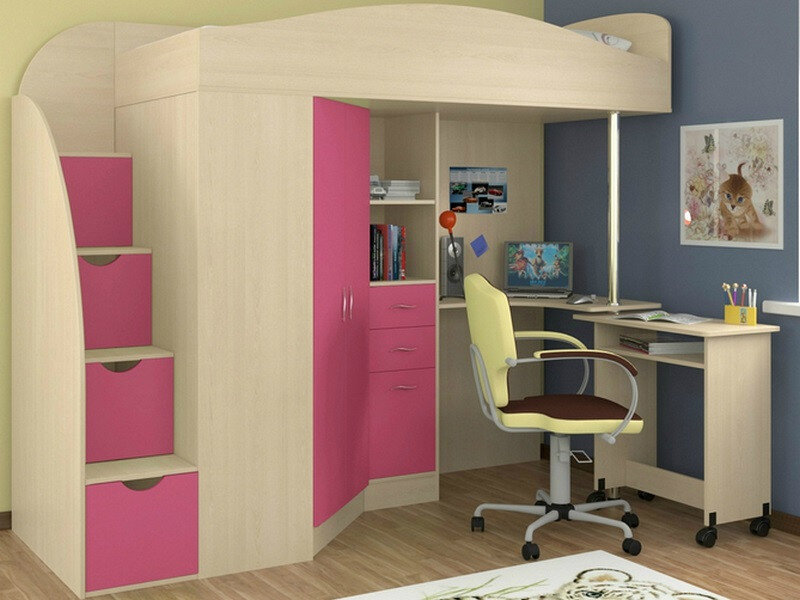 Кровать-чердак Юниор-4, Молочный дуб/Розовый  