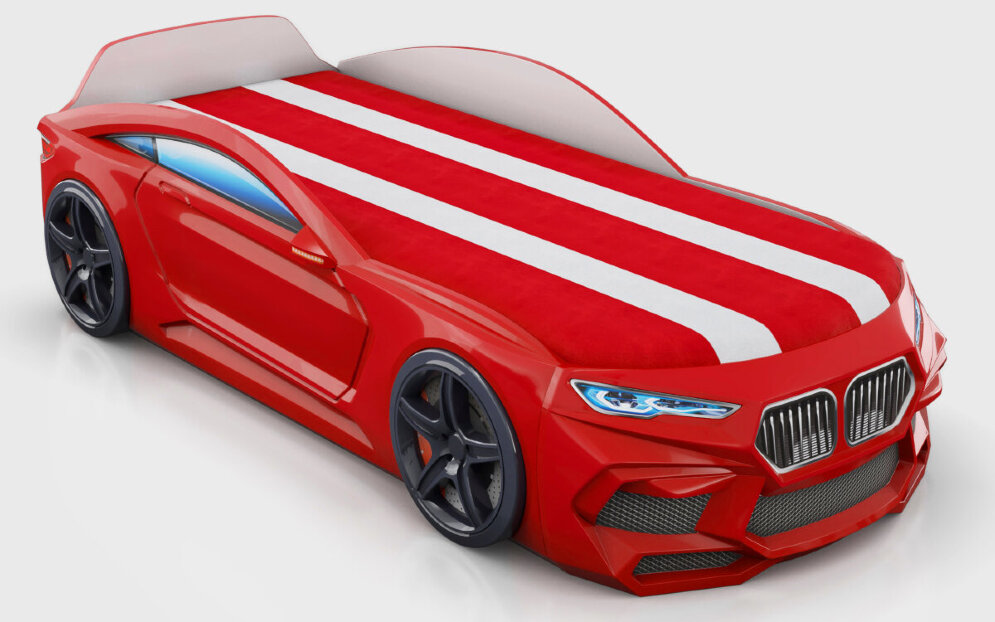 Кровать-машина Romeo-М с матрасом, ящиком для белья и подсветкой фар, красная 