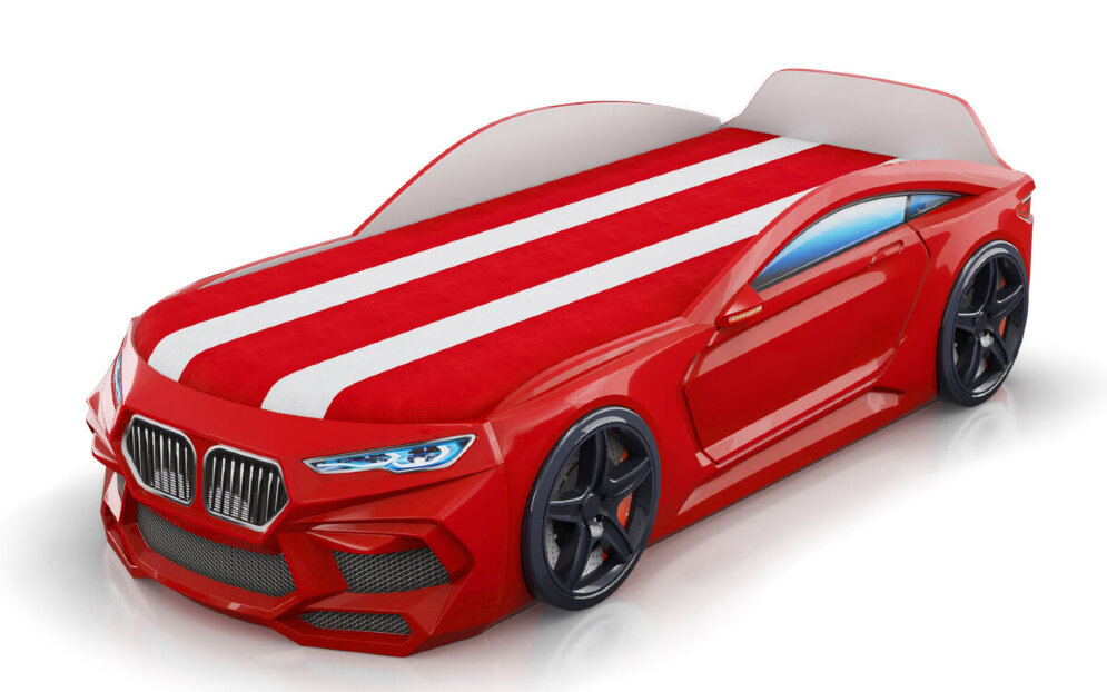 Кровать-машина Romeo-М с матрасом, ящиком для белья и подсветкой фар, красная 