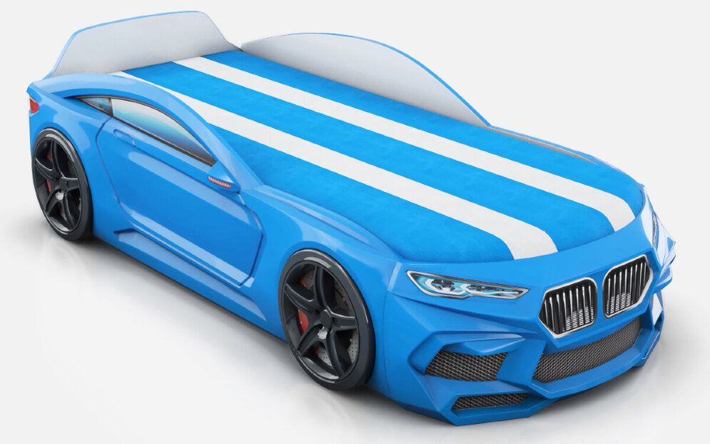 Кровать-машина Romeo-М с матрасом, ящиком для белья и подсветкой фар, голубая 