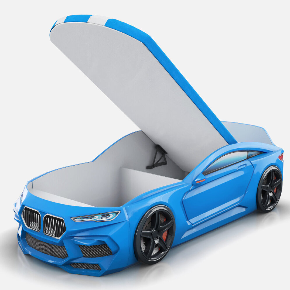 Кровать-машина Romeo-М с матрасом, ящиком для белья и подсветкой фар, голубая 