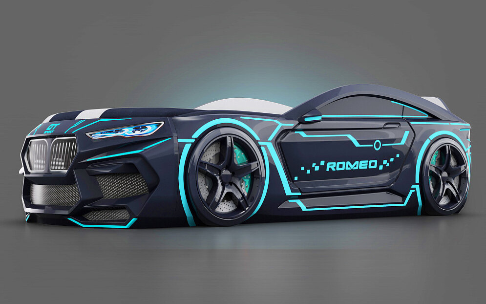 Кровать-машина Romeo-М Neon с матрасом и ящиком для белья 