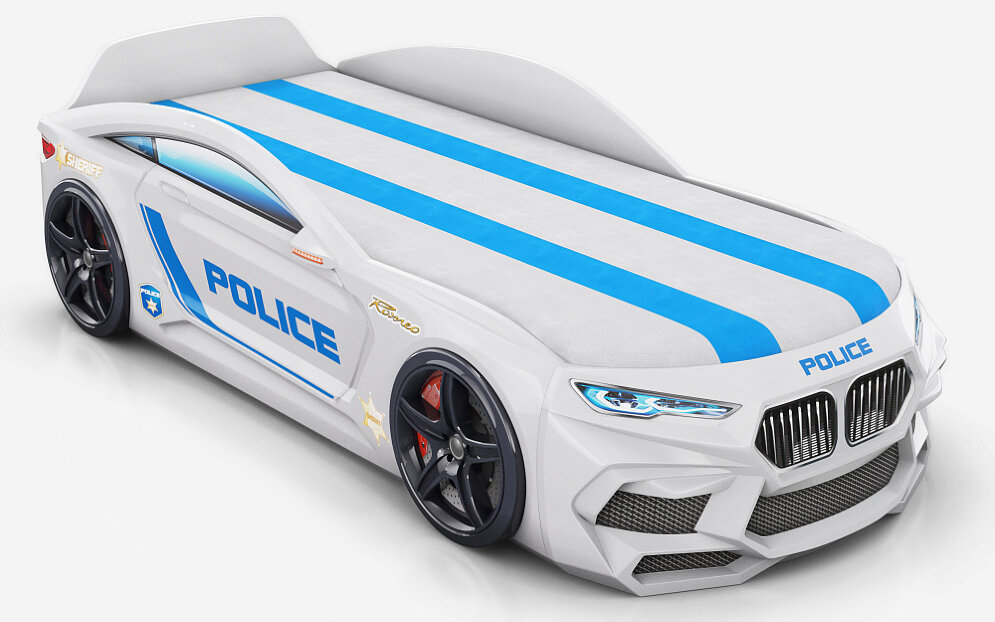 Кровать-машина Romeo-М Полиция белая с матрасом и ящиком для белья  