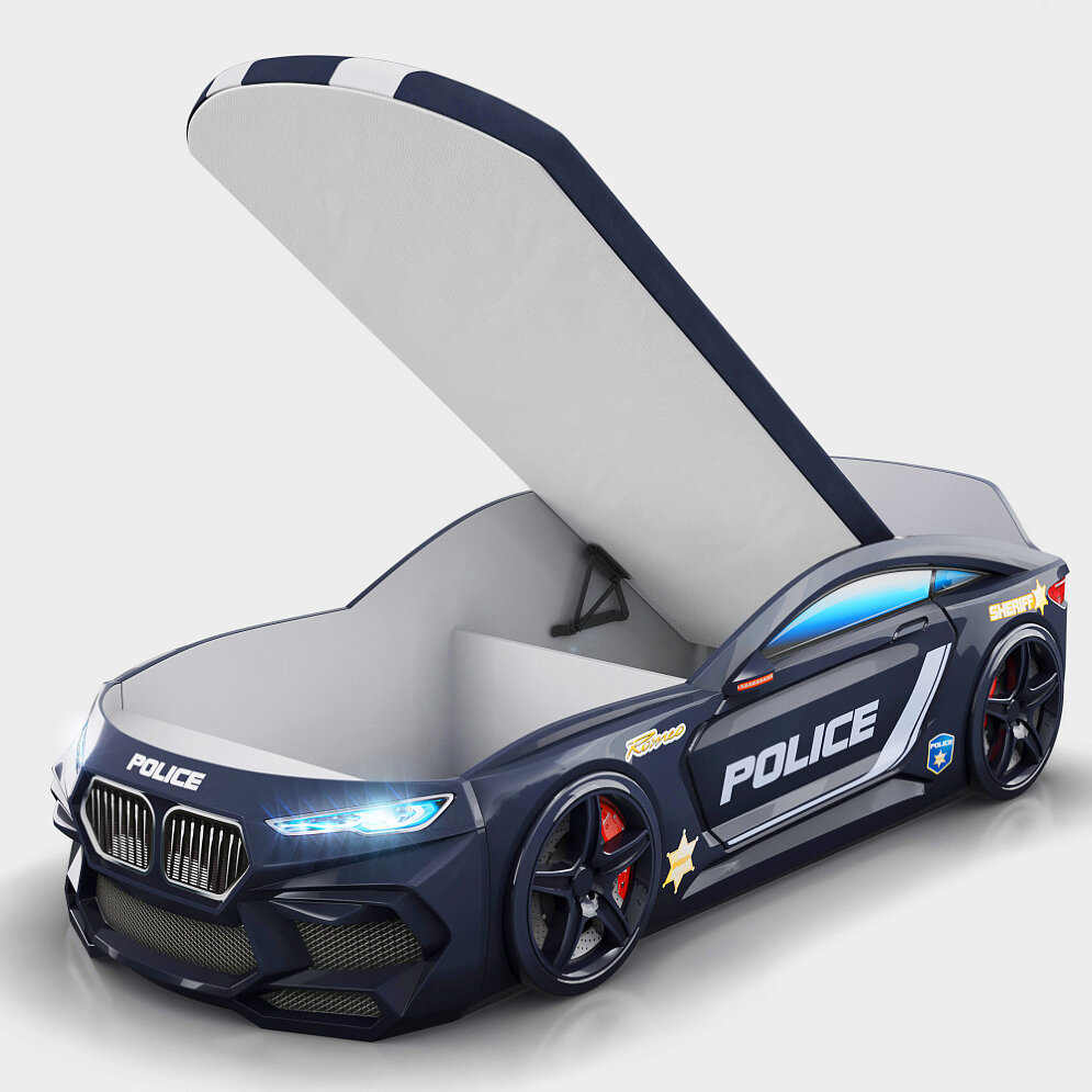 Кровать-машина Romeo-М Полиция черная с матрасом и ящиком для белья  