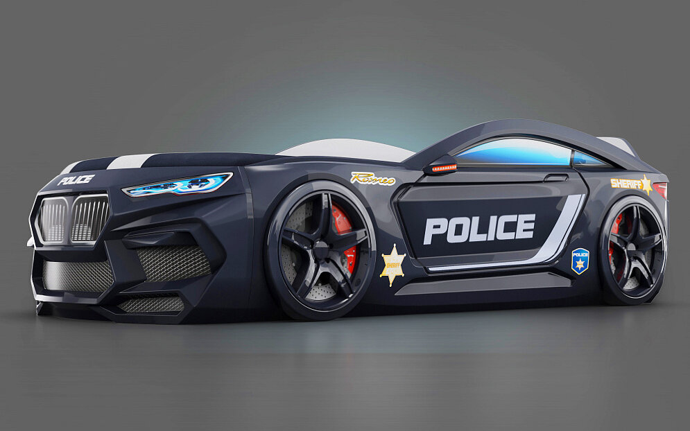 Кровать-машина Romeo-М Полиция черная с матрасом и ящиком для белья  