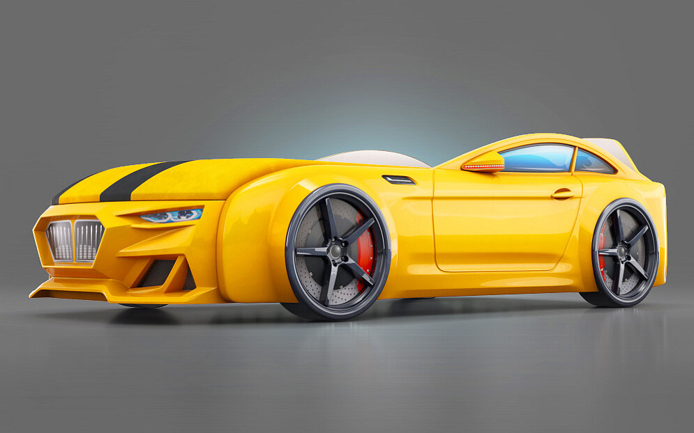 Кровать-машинка с подъемным механизмом и матрасом Dynamic-М Желтый 