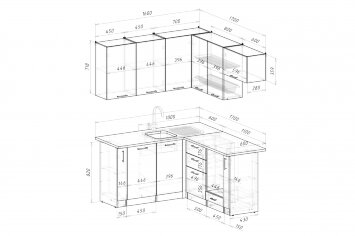 Кухонный гарнитур Глория мега прайм 2, 160х170 см