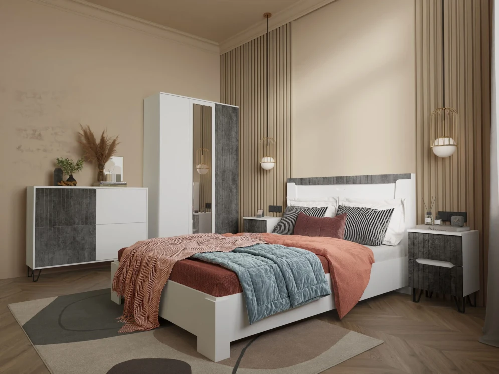 Модульная спальня Ливерпуль, белый/бетон темный 