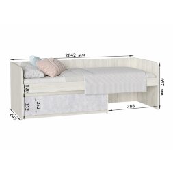 Кровать Морти, Дуб крафт белый/цемент светлый