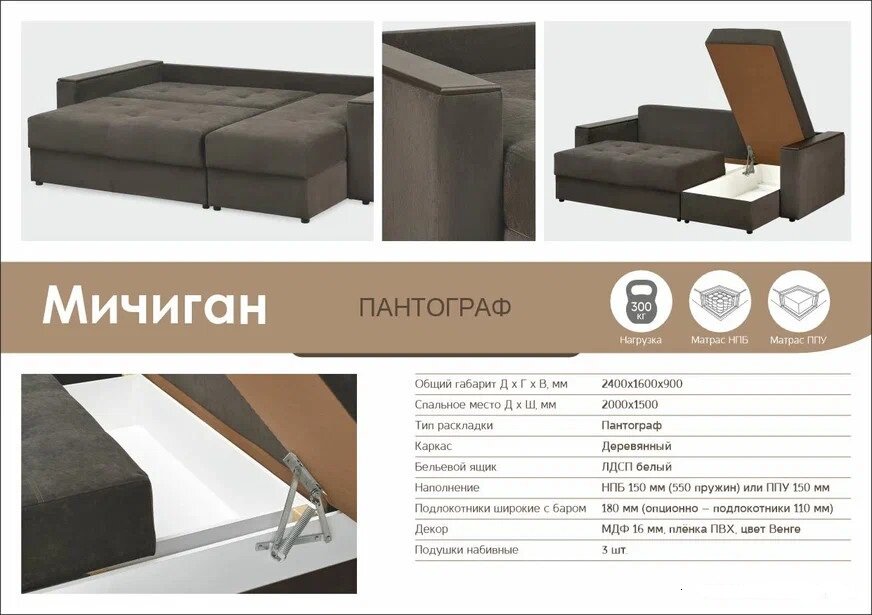 Диван угловой Мичиган NEW (независимый пружинный блок) 