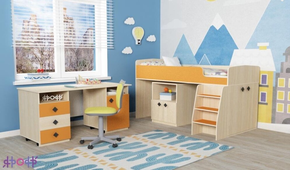 Детская кровать-чердак Малыш 5 дуб/Оранж  