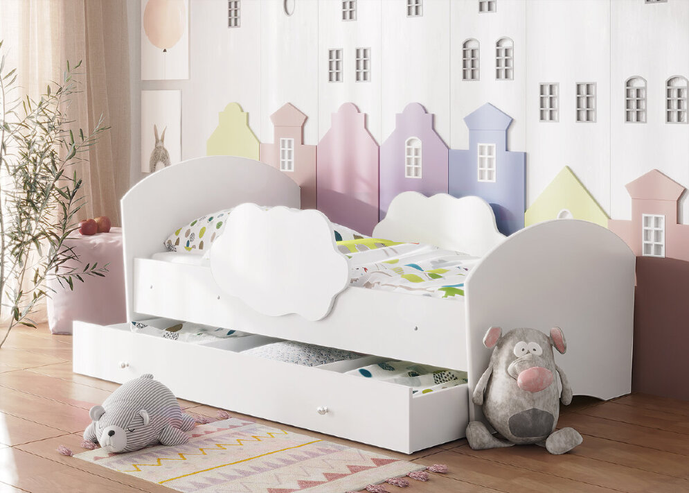 Детская кровать Тучка, белый (с ящиком) 