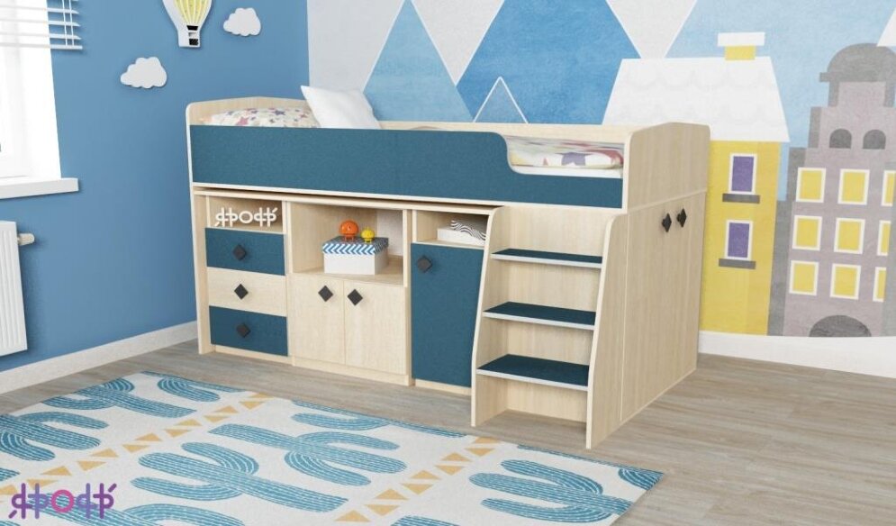 Детская кровать-чердак Малыш 5 дуб/лазурь 