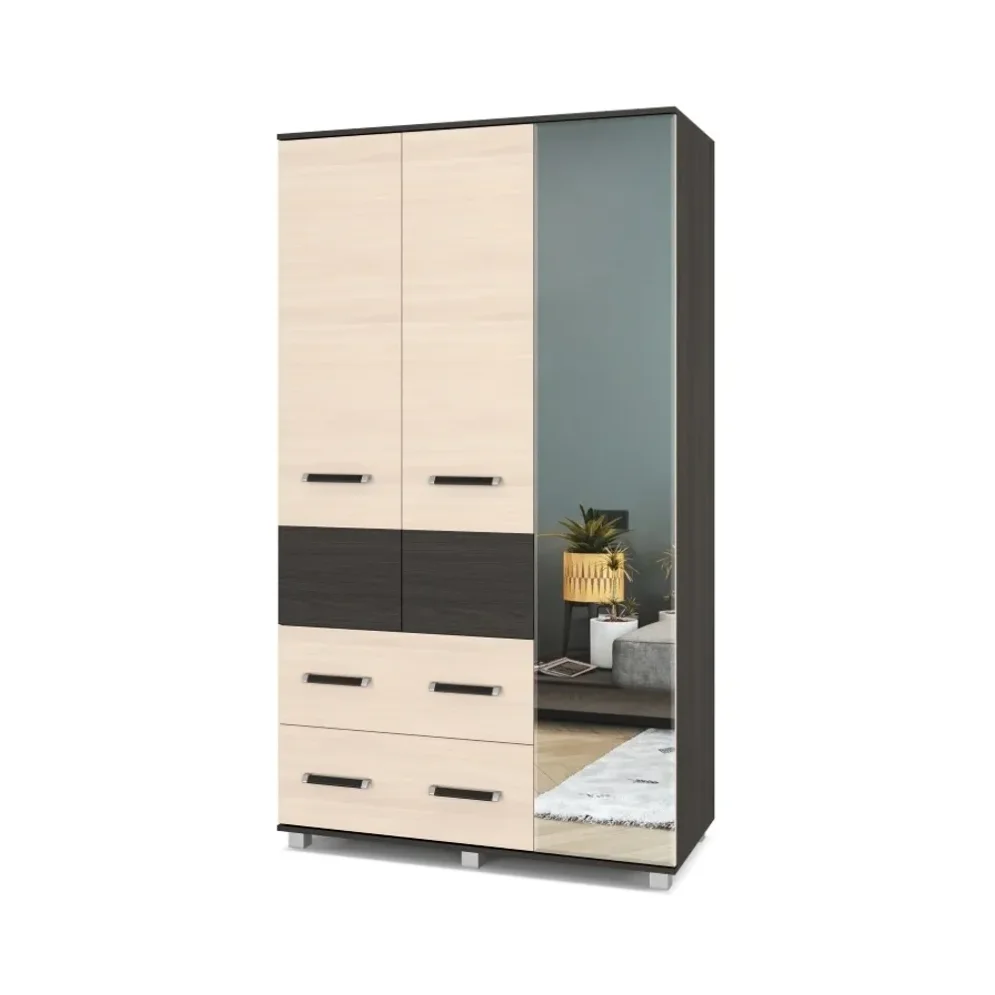 Шкаф трехстворчатый с зеркалом и ящиками В33 Виора, Венге/Млечный дуб 