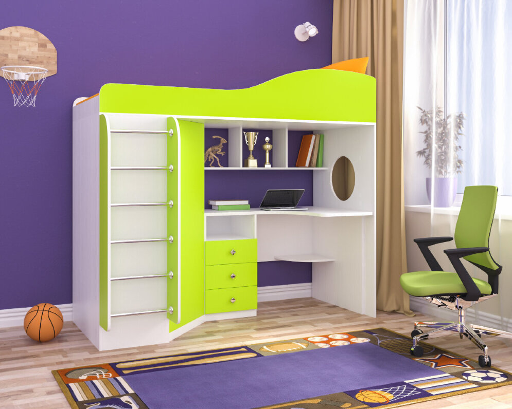 Уголок школьника Кадет-1 с металлической лестницей Белое дерево + лайм 