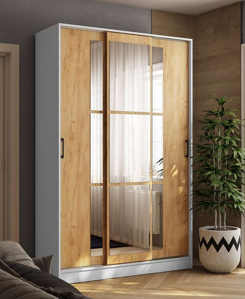 Шкаф-купе 1400 Стиль-2, Белый/Дуб крафт золотой 