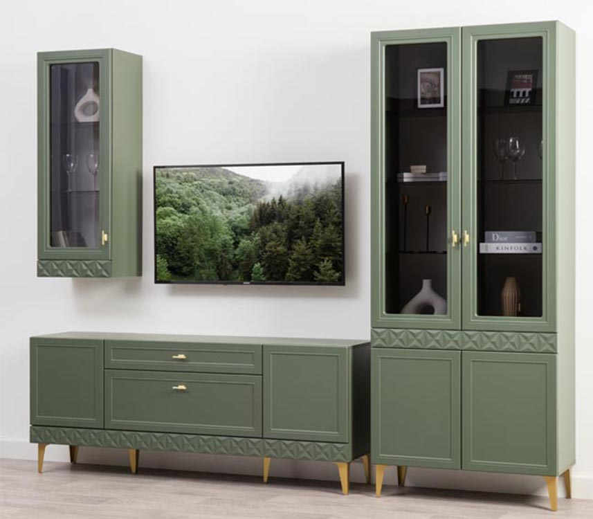 Шкаф-витрина навесной Марион Дымчатый зеленый / Олива шагрень 