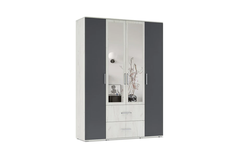 Шкаф 4-х створчатый с зеркалом Фиеста New, Дуб крафт белый / Графит 